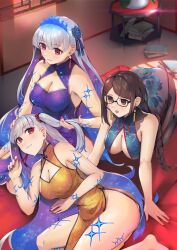 Rule 34 | 3girls, all fours, bare shoulders, blue dress, blue fire, blue hair, blush, body markings, bracelet, braid, braided ponytail, breasts, brown eyes, brown hair, brown pantyhose, china dress, chinese clothes, cleavage, cleavage cutout, clothing cutout, colored inner hair, commission, dress, dual persona, earrings, fate/grand order, fate (series), fire, flower, glasses, hair flower, hair ornament, hair ribbon, highres, jewelry, kama (fate), kama (swimsuit avenger) (fate), large breasts, long hair, lotus, lying, multicolored hair, multiple girls, nakaga eri, on side, open mouth, pantyhose, pelvic curtain, purple dress, red eyes, red trim, ribbon, single braid, sitting, skeb commission, smile, star (symbol), star earrings, swept bangs, tassel, tassel earrings, thighs, two-tone hair, very long hair, white hair, yellow dress, yu mei-ren (fate), yu mei-ren (spare the idle talk) (fate)