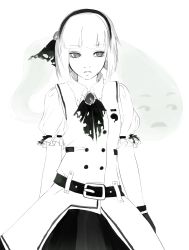 Rule 34 | 1girl, annoyed, ascot, bad id, bad tumblr id, belt, bob cut, bright pupils, buttons, diadem, embellished costume, emoji, emoticon, ghost, gloves, hair ribbon, highres, igyouhime, konpaku youmu, konpaku youmu (ghost), looking to the side, monochrome, parted lips, puffy short sleeves, puffy sleeves, ribbon, serious, short sleeves, single glove, solo, torn clothes, touhou, vest, white background, white pupils