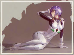Rule 34 | 1girl, arm support, arm up, ayanami rei, blue hair, bodysuit, breasts, closed mouth, firoro, framed, from side, gloves, grey background, hair between eyes, hair ornament, hand on own head, interface headset, looking away, looking to the side, neon genesis evangelion, plugsuit, red eyes, short hair, simple background, sitting, solo, turtleneck, white bodysuit