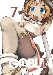Rule 34 | 1girl, armband, armpits, ass, blue eyes, blush, boots, breasts, brown armband, brown shorts, character name, colored skin, commentary request, facial mark, fake horns, female goblin, gob (mon-musu quest!), goblin, grey skin, hammer, helmet, highres, holding, holding hammer, horned helmet, horns, jewelry, kawahara0527, knee up, mon-musu quest!, monster girl, necklace, open mouth, pointy ears, shorts, simple background, single horn, small breasts, smile, solo, teeth, upper teeth only, war hammer, weapon, white background, white tunic