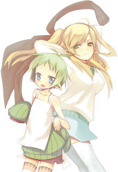 Rule 34 | 2girls, arms up, belt, blue eyes, blush, breasts, buckle, green hair, kimura shiroro, large breasts, long hair, looking at viewer, miniskirt, multiple girls, original, pointy ears, shoes, simple background, skirt, standing, thighhighs, white background, white legwear, yellow eyes, zettai ryouiki