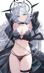 Rule 34 | 1girl, absurdres, age fx, animal ear fluff, animal ears, armpits, arms behind head, black choker, black dress, blue archive, blue eyes, bra, breasts, broken halo, choker, cleavage, cross hair ornament, dress, extra ears, grey hair, hair between eyes, hair ornament, halo, highres, large breasts, long hair, long sleeves, looking at viewer, mismatched pupils, navel, open clothes, panties, parted lips, shiroko (blue archive), shiroko terror (blue archive), solo, thigh gap, thigh strap, thighs, underwear, wolf ears