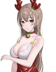 Rule 34 | 1girl, absurdres, antlers, arm under breasts, bell, breasts, brown eyes, brown hair, choker, cleavage, doenji (auto7233), earrings, highres, hololive, hololive english, horns, jewelry, jingle bell, large breasts, long hair, looking at viewer, multicolored hair, nanashi mumei, neck bell, red choker, simple background, solo, two-tone hair, upper body, virtual youtuber, white background, white hair