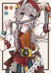 Rule 34 | 1girl, bloomminority, blue eyes, border, brown border, camera, camera around neck, fantasy, flower, grey hair, hat, head tilt, highres, long hair, low twintails, nail polish, original, solo, twintails, white background, yellow flower