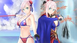 Rule 34 | 2girls, absurdres, american flag bikini, american flag print, artist request, asymmetrical hair, autumn leaves, bikini, blue eyes, blue kimono, blue one-piece swimsuit, blush, breasts, bun cover, cleavage, clothing cutout, commentary, commentary request, day, detached sleeves, dual persona, dual wielding, earrings, fate/grand order, fate (series), flag print, groin, hair ornament, hair ribbon, highres, holding, holding sword, holding weapon, japanese clothes, jewelry, katana, kimono, large breasts, leaf, leaf print, light smile, long hair, magatama, maple leaf print, miyamoto musashi (fate), miyamoto musashi (fate/grand order), miyamoto musashi (swimsuit berserker) (fate), miyamoto musashi (swimsuit berserker) (second ascension) (fate), miyamoto musashi (third ascension) (fate), mountain, multiple girls, navel, navel cutout, obi, ocean, one-piece swimsuit, outdoors, pink hair, ponytail, print bikini, print swimsuit, ribbon, sash, sheath, sheathed, short kimono, side-tie swimsuit, single sidelock, sleeveless, sleeveless kimono, swimsuit, sword, toy sword, two-tone swimsuit, underboob, water, waterfall, weapon, wide sleeves