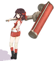 Rule 34 | 10s, 1girl, black footwear, boots, closed mouth, dynamo roller (splatoon), elbow pads, full body, girls und panzer, hand on own hip, headband, holding, holding weapon, knee pads, kondou taeko, light smile, looking at viewer, looking back, nintendo, red headband, red shirt, red shorts, red socks, shadow, shirt, short hair, short shorts, shorts, simple background, sleeveless, sleeveless shirt, socks, solo, splatoon (series), sportswear, standing, suke (momijigari), volleyball uniform, weapon, white background