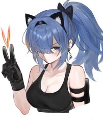 Rule 34 | 1girl, absurdres, animal ear headwear, animal ears, arm holster, black gloves, black hairband, black sports bra, blush, breasts, cat ears, cleavage, collarbone, commentary, cropped torso, dokomon, earrings, fake animal ears, gloves, hair over one eye, hairband, highres, jewelry, leona heidern, looking at viewer, medium breasts, one eye covered, pink hair, simple background, solo, sports bra, sweatdrop, the king of fighters, triangle earrings, upper body, v, white background
