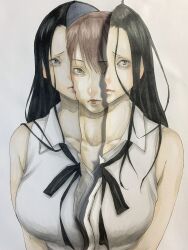 Rule 34 | 2girls, black hair, chainsaw man, commentary request, erupusai2, highres, long hair, looking at viewer, makima (chainsaw man), multiple girls, necktie, princi (chainsaw man), red hair, ringed eyes, shirt, simple background, stitched face, stitched mouth, stitches, tagme, unzipped, white background, white shirt, zipper