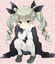 Rule 34 | &gt;:t, 10s, 1girl, :t, anchovy (girls und panzer), black ribbon, blush, brown eyes, closed mouth, drill hair, frown, gedou (ge ge gedou), girls und panzer, green hair, hair ribbon, hands on own cheeks, hands on own face, long hair, long sleeves, looking at viewer, necktie, pantyhose, ribbon, school uniform, sitting, skirt, solo, twin drills, twintails, v-shaped eyebrows, white pantyhose