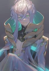 Rule 34 | 1boy, asclepius (fate), closed mouth, commentary, fate/grand order, fate (series), green eyes, hair between eyes, highres, light oooo, long hair, male focus, sleeves past fingers, sleeves past wrists, slit pupils, solo, turtleneck, upper body, white hair