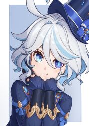 Rule 34 | 1girl, :t, absurdres, asymmetrical gloves, black gloves, blue background, blue eyes, blue hair, blue hat, blue jacket, border, closed mouth, commentary request, cowlick, furina (genshin impact), genshin impact, gloves, grey hair, hair between eyes, hands up, hat, heterochromia, highres, jacket, long sleeves, looking ahead, multicolored hair, pout, sanshin (970830502), smile, solo, streaked hair, top hat, upper body, white border, white gloves