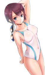 Rule 34 | 1girl, blue eyes, blush, breasts, brown hair, competition swimsuit, covered erect nipples, covered navel, goggles, unworn goggles, highres, holding, holding goggles, looking at viewer, medium breasts, muto (uadocjon 21), one-piece swimsuit, original, short hair, simple background, solo, standing, swimsuit, wet, zipper