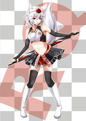Rule 34 | 1girl, animal ear fluff, animal ears, bare shoulders, black skirt, black thighhighs, boots, breasts, character name, checkered background, closed umbrella, commentary request, copyright name, crop top, detached sleeves, fingerless gloves, full body, gloves, grey background, hair between eyes, hat, highleg, highres, holding, holding umbrella, inubashiri momiji, inyuppo, leaning forward, looking at viewer, medium breasts, midriff, miniskirt, navel, parted lips, race queen, red eyes, revision, short hair, silver hair, skirt, smile, solo, standing, stomach, tail, tassel, thighhighs, thighs, tokin hat, touhou, umbrella, white background, white footwear, wolf ears, wolf tail, zettai ryouiki