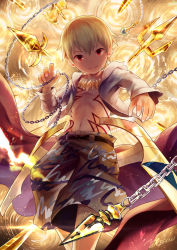 Rule 34 | 1boy, artist name, axe, blonde hair, chain, child gilgamesh (fate), enkidu (weapon) (fate), fate/grand order, fate/hollow ataraxia, fate (series), gate of babylon (fate), gilgamesh (fate), looking at viewer, male focus, noeyebrow (mauve), open clothes, open shirt, polearm, red eyes, shirt, smile, spear, trident, weapon