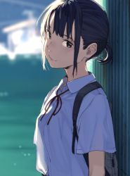 Rule 34 | 1girl, arms at sides, backpack, bad id, bad twitter id, bag, black hair, blouse, blurry, brown eyes, closed mouth, depth of field, fuyuno kamome, light smile, looking at viewer, original, outdoors, school uniform, shirt, short sleeves, short twintails, sidelocks, solo, tsurime, twintails, upper body, white shirt