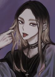 Rule 34 | 1boy, choker, cross, cross necklace, dark, ear piercing, empty eyes, fu ko412506, haitani ran, highres, jewelry, looking at viewer, male focus, multicolored hair, necklace, piercing, portrait, simple background, straight hair, thick eyebrows, tokyo revengers, tongue, tongue out, two-tone hair