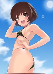 Rule 34 | 1girl, akiyama yukari, ass, bikini, blush, breasts, brown eyes, brown hair, camouflage, camouflage bikini, female focus, girls und panzer, hand on own hip, kuku123, looking at viewer, looking down, open mouth, outdoors, short hair, sky, small breasts, smile, solo, standing, swimsuit, upper body