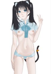 Rule 34 | 1girl, absurdres, animal ears, bell, black hair, blue eyes, blue ribbon, blue shirt, breasts, cat ears, cat tail, closed mouth, cowboy shot, cropped shirt, hand up, highres, long hair, looking at viewer, neck ribbon, nipples, no bra, original, ribbon, rizuto, shirt, short sleeves, simple background, small breasts, smile, solo, standing, tail, tail bell, tail ornament, twintails, twintails day, v, white background