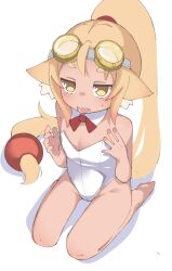 Rule 34 | 1girl, ahoge, animal ear fluff, animal ears, bare arms, bare legs, bare shoulders, barefoot, blush, copyright request, fang, goggles, goggles on head, leotard, light brown hair, long hair, lyanon, open mouth, ponytail, shadow, short eyebrows, simple background, sitting, solo, strapless, strapless leotard, sweat, thick eyebrows, very long hair, wariza, white background, white leotard