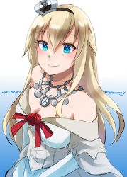 Rule 34 | 1girl, blonde hair, blue background, blue eyes, braid, closed mouth, commentary request, cowboy shot, crown, dated, dress, flower, french braid, gradient background, highres, jewelry, johssnny, kantai collection, long hair, long sleeves, mini crown, necklace, off-shoulder dress, off shoulder, one-hour drawing challenge, red flower, red ribbon, red rose, ribbon, rose, smile, solo, standing, twitter username, warspite (kancolle), white background, white dress