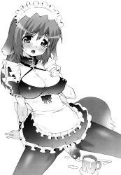 Rule 34 | 1futa, animal ears, apron, blush, breasts, cleavage, collar, covered erect nipples, cross, cum, cum in container, cum in cup, cup, futanari, highres, maid, maid apron, maid headdress, monochrome, mudou eichi, pantyhose, penis, simple background, sitting, solo, tail, tears, uncensored