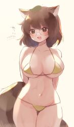 Rule 34 | 1girl, :d, animal ears, bikini, breasts, brown eyes, brown hair, collarbone, cowboy shot, fang, futatsuiwa mamizou, glasses, highres, large breasts, leaf, leaf on head, looking at viewer, navel, open mouth, raccoon ears, raccoon girl, raccoon tail, sen1986, short hair, simple background, smile, solo, stomach, string bikini, swimsuit, tail, touhou, yellow background, yellow bikini