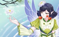 Rule 34 | 1boy, belt, black hair, blue wings, branch, closed mouth, detached sleeves, facial mark, fairy, fairy wings, flower, from above, green belt, green shirt, hair flower, hair ornament, half-closed eyes, hand up, highres, holding, holding flower, jixiang (xiao huaxian), kumu zaisheng, looking to the side, lotus, medium hair, orange eyes, pointy ears, ripples, shirt, short eyebrows, short sleeves, sidelocks, smile, solo, upper body, water, white flower, wings, xiao huaxian