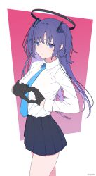 Rule 34 | 1girl, artist name, azegome, black gloves, black skirt, blue archive, blue necktie, breasts, collared shirt, cowboy shot, gloves, halo, heart, heart hands, highres, long hair, long sleeves, looking at viewer, miniskirt, necktie, parted lips, purple eyes, purple hair, shirt, shirt tucked in, skirt, small breasts, solo, two side up, white shirt, yuuka (blue archive)