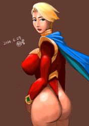 Rule 34 | 1girl, absurdres, ass, blonde hair, blue eyes, breasts, cape, covered erect nipples, eighth wonder, from behind, haruka athena, highres, huge ass, large breasts, leotard, lips, lipstick, looking back, makeup, md5 mismatch, resolution mismatch, short hair, simple background, solo, source smaller, superhero costume, thong leotard, uchi no musume ni te wo dasuna!, yakusoku no hi
