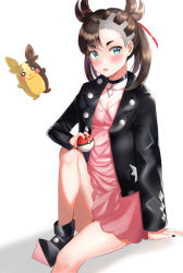 Rule 34 | 1girl, arm support, asymmetrical bangs, bad id, bad pixiv id, black choker, black footwear, black hair, black jacket, black nails, blush, boots, breasts, choker, cleavage, collarbone, commentary request, creatures (company), dress, game freak, gen 8 pokemon, hair ribbon, highres, holding, holding poke ball, jacket, knee up, kubong, looking at viewer, marnie (pokemon), morpeko, morpeko (full), nail polish, nintendo, open clothes, open jacket, parted lips, pink dress, poke ball, poke ball (basic), pokemon, pokemon (creature), pokemon swsh, red ribbon, ribbon, small breasts, thick eyebrows, twintails, white background