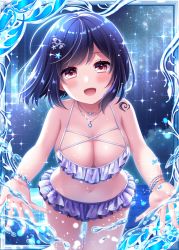 Rule 34 | 1girl, :d, back, beach, bikini, black hair, collaboration, falkyrie no monshou, hair ornament, jewelry, looking at viewer, necklace, night, night sky, ocean, official art, open arms, open mouth, pink eyes, purple bikini, shell hair ornament, shinkai no valkyrie, side-tie bikini bottom, sky, smile, stardrop, starfish hair ornament, stomach, swimsuit, water