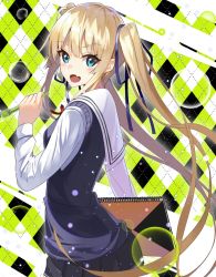 Rule 34 | 1girl, argyle, argyle background, argyle clothes, bad id, bad twitter id, black skirt, blonde hair, blue eyes, blush, book, fang, flashlight, floating hair, from side, fuotchan, highres, holding, holding book, long hair, looking at viewer, open mouth, pleated skirt, saenai heroine no sodatekata, sawamura spencer eriri, school uniform, serafuku, sketchbook, skirt, smile, solo, sweater vest, twintails, upper body, very long hair