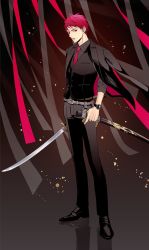 Rule 34 | 1boy, a jou, akashi seijuurou, belt, black background, black belt, black footwear, black jacket, black pants, black shirt, black suit, black vest, closed mouth, collared shirt, dress shirt, formal, full body, highres, holding, holding sheath, holding sword, holding weapon, jacket, jacket on shoulders, katana, kuroko no basuke, looking away, male focus, necktie, pants, red eyes, red hair, red necktie, scabbard, sheath, shirt, shoes, short hair, sleeves rolled up, solo, suit, sword, vest, watch, weapon, wristwatch