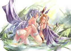 Rule 34 | 2girls, absurdres, ahoge, ass, bikini, blush, breasts, brown hair, cleavage, cocoka, colorized, commentary request, closed eyes, granblue fantasy, grin, hair ornament, hand on another&#039;s shoulder, highres, large breasts, long hair, medium breasts, multiple girls, ponytail, silva (granblue fantasy), silver hair, smile, swimsuit, thigh strap, tweyen (granblue fantasy), very long hair, water, wet, wrist straps, yellow eyes, yuri