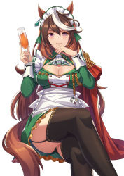 Rule 34 | 1girl, ahoge, alternate costume, animal ears, apron, ascot, black thighhighs, breasts, brown hair, buttons, cape, center opening, cleavage, closed mouth, commentary, crossed legs, cup, dot nose, double-breasted, ear ornament, enmaided, frilled apron, frills, garter straps, highres, holding, holding cup, horse ears, horse girl, horse tail, large breasts, long hair, looking at viewer, maid, maid apron, maid headdress, purple eyes, red cape, shadow, simple background, sitting, smile, solo, symboli rudolf (umamusume), tail, thighhighs, thighs, umamusume, vococo, white apron, white background, white hair