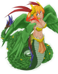 Rule 34 | 1girl, absurdres, ahoge, aztec, bad deviantart id, bad id, breasts, feather hair ornament, feathered wings, feathers, full body, green eyes, green wings, hair ornament, harpy, highres, lamia, large breasts, less, loincloth, long hair, monster girl, monster girl encyclopedia, multiple wings, navel, orange hair, original, pointy ears, quetzalcoatl (less), quetzalcoatl (mythology), scales, simple background, smile, solo, white background, winged arms, wings