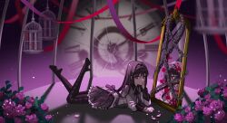 1girl akemi_homura akemi_homura_(magical_girl) argyle_clothes argyle_footwear back_bow birdcage black_capelet black_footwear black_hairband blood blood_splatter blurry blurry_foreground boots bow braid c0ffeenn cage capelet chain clenched_hand clock closed_mouth collared_capelet commentary different_reflection dress expressionless flower frilled_skirt frills full-length_mirror full_body glasses hair_intakes hairband hand_on_own_cheek hand_on_own_face high_heel_boots high_heels highres layered_sleeves legs_up light_particles long_hair long_sleeves looking_at_viewer low_twin_braids lying magical_girl mahou_shoujo_madoka_magica mahou_shoujo_madoka_magica_(anime) miniskirt mirror neck on_ground on_stomach petals pleated_skirt purple_background purple_bow purple_capelet purple_eyes purple_flower purple_hair purple_pupils purple_ribbon purple_rose purple_skirt red-framed_eyewear red_ribbon reflection ribbon rose rose_petals shadow short_dress skirt skirt_under_dress solo thigh_boots twin_braids two-tone_capelet very_long_hair white_dress