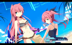 Rule 34 | 2girls, :o, bad id, bad pixiv id, beach, bikini, blue eyes, competition school swimsuit, day, frilled bikini, frills, front-tie top, long hair, looking at viewer, looking back, multiple girls, navel, ocean, one-piece swimsuit, original, pink hair, school swimsuit, striped bikini, striped clothes, swimsuit, sword, twintails, weapon, yukikasa