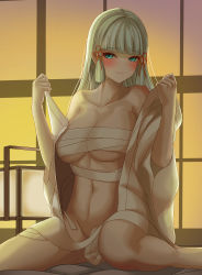 Rule 34 | 1girl, absurdres, ayaka (genshin impact), bandages, bandeau, bare shoulders, blue eyes, blunt bangs, blush, bottomless, breasts, chest sarashi, cleavage, commentary request, genshin impact, hair down, highres, indoors, large breasts, long hair, looking at viewer, nose blush, off shoulder, open clothes, open robe, robe, sarashi, sidelocks, silver hair, sitting, solo, strapless, tube top, wariza, white-paka, white robe