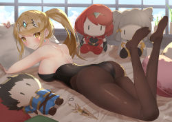 Rule 34 | alternate hairstyle, bad id, bad pixiv id, blonde hair, breasts, earrings, highres, jewelry, large breasts, leotard, long hair, mia cbx, mythra (xenoblade), nia (xenoblade), pantyhose, ponytail, pyra (xenoblade), rex (xenoblade), stuffed toy, swept bangs, thighs, tiara, very long hair, xenoblade chronicles (series), xenoblade chronicles 2, yellow eyes