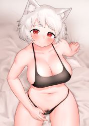 Rule 34 | 1girl, absurdres, animal ear fluff, animal ears, bad id, bad pixiv id, bed sheet, black bra, black panties, black pubic hair, blush, bra, breasts, collarbone, commentary request, cowboy shot, female pubic hair, highres, inubashiri momiji, large breasts, leaning back, looking at viewer, mismatched pubic hair, navel, on bed, panties, panty pull, pubic hair, pubic hair peek, red eyes, sheet grab, short hair, smile, solo, tail, take (take143000), thick eyebrows, touhou, underwear, white hair, wolf ears, wolf tail