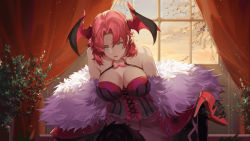 Rule 34 | 1girl, bad source, bat wings, blue eyes, branch, breasts, chest harness, cleavage, cloud, coat, curtains, dress, feet out of frame, flower pot, gyee, hair ornament, harness, head wings, heart, high heels, highres, looking down, official art, pink hair, plant, potted plant, rita (gyee), short hair, sky, solo, sunlight, sunset, sweat, sweatdrop, wings, yingzi