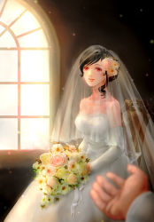 Rule 34 | 1990s (style), 1girl, alternate costume, alternate hairstyle, arch, bare shoulders, black hair, blurry, bouquet, bride, chair, church, closed mouth, depth of field, dress, final fantasy, final fantasy vii, flower, formal, gloves, hair flower, hair ornament, hair up, indoors, jewelry, lace trim, light particles, long dress, long hair, long sleeves, looking at viewer, mamio (2012), necklace, on chair, out of frame, pearl necklace, pink flower, pink rose, pov, pov hands, reaching, red eyes, retro artstyle, ribbon, rose, see-through, sitting, smile, solo focus, strapless, strapless dress, tifa lockhart, veil, wedding, wedding dress, white dress, white flower, white gloves, white ribbon, white rose, window