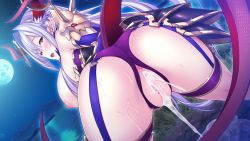 Rule 34 | 1girl, after vaginal, aftersex, all fours, anus, asahina hikage, ass, baffu, bare shoulders, blush, breasts, breasts out, censored, crotchless, crotchless panties, cum, cum in pussy, cum on floor, cum pool, cumdrip, evelyn devolgard, female focus, game cg, garter straps, groin, highres, horns, large breasts, legs, legs apart, light purple hair, long hair, looking back, maokatsu! maou to yuusha no idol seikatsu, moon, mosaic censoring, night, nipples, open mouth, original, outdoors, panties, pussy, red eyes, sky, solo, star (sky), starry sky, sweat, tail, thighs, underwear