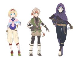 Rule 34 | 1boy, 2girls, black pantyhose, blaze and blade, blonde hair, braid, closed mouth, enkyo yuuichirou, fingerless gloves, full body, gloves, headband, highres, holding, holding knife, holding weapon, hood, jewelry, knife, looking at viewer, multiple girls, pantyhose, red headband, short hair, simple background, weapon, white background