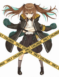 Rule 34 | 1girl, aged down, black footwear, black socks, boots, brown eyes, brown hair, character print, closed mouth, coat, commentary request, crossed arms, english text, floating hair, full body, girls&#039; frontline, gunbuster pose, highres, jacket, jacket on shoulders, looking at viewer, numazume, open clothes, open coat, shirt, silhouette, simple background, smile, socks, solo, standing, tape, twintails, ump9 (girls&#039; frontline), v-shaped eyebrows, white background, white shirt