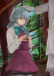 Rule 34 | 1boy, 1girl, absurdres, admiral (kancolle), ahoge, aqua bow, aqua bowtie, arm at side, black ribbon, bow, bowtie, braid, closed mouth, commentary request, cowboy shot, curtains, day, dress, fingers together, gloves, grey hair, grey pantyhose, hair over eyes, hair over one eye, hair over shoulder, hair ribbon, hamanami (kancolle), hand on another&#039;s head, headpat, highres, indoors, kanmiya shinobu, kantai collection, long hair, long sleeves, military, military uniform, naval uniform, orange eyes, pantyhose, ribbon, school uniform, shirt, single braid, sleeveless, sleeveless dress, smile, solo focus, standing, thighband pantyhose, tree, uniform, white gloves, white shirt, window
