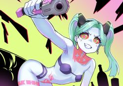 Rule 34 | 1girl, aiming, aiming at viewer, armpits, bent over, black bra, black panties, bra, colored sclera, colored skin, cyberpunk (series), cyberpunk edgerunners, cyborg, earrings, evil grin, evil smile, green hair, grin, gun, handgun, holding, holding gun, holding weapon, jewelry, leg tattoo, long hair, looking at viewer, panties, rebecca (cyberpunk), red eyes, red sclera, sirachi, smile, solo, stomach tattoo, tattoo, twintails, underwear, weapon, white skin