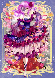 Rule 34 | 1girl, arm warmers, blue background, blue dress, breasts, brown hair, cleavage, dress, eyepatch, floral print, flower, frilled dress, frills, full body, hair flower, hair ornament, hand up, hoshikuzu, jewelry, looking at viewer, medium hair, necklace, pink hair, pixiv fantasia, pixiv fantasia last saga, purple footwear, simple background, smile, solo, standing