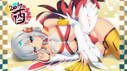 Rule 34 | 1girl, 2017, android, artist name, bare shoulders, blue eyes, breasts, camellia, chicken costume, chinese zodiac, cleavage, closed mouth, collarbone, dangan neko, detached sleeves, flower, folding fan, grey hair, hair flower, hair ornament, halterneck, hand fan, highleg, highres, kanzashi, large breasts, leotard, light smile, looking at viewer, lying, on side, oppai mochi, orange thighhighs, original, red flower, red leotard, russia (dangan neko), sidelocks, signature, smile, solo, symbol-shaped pupils, thighhighs, thighs, underboob, wallpaper, year of the rooster